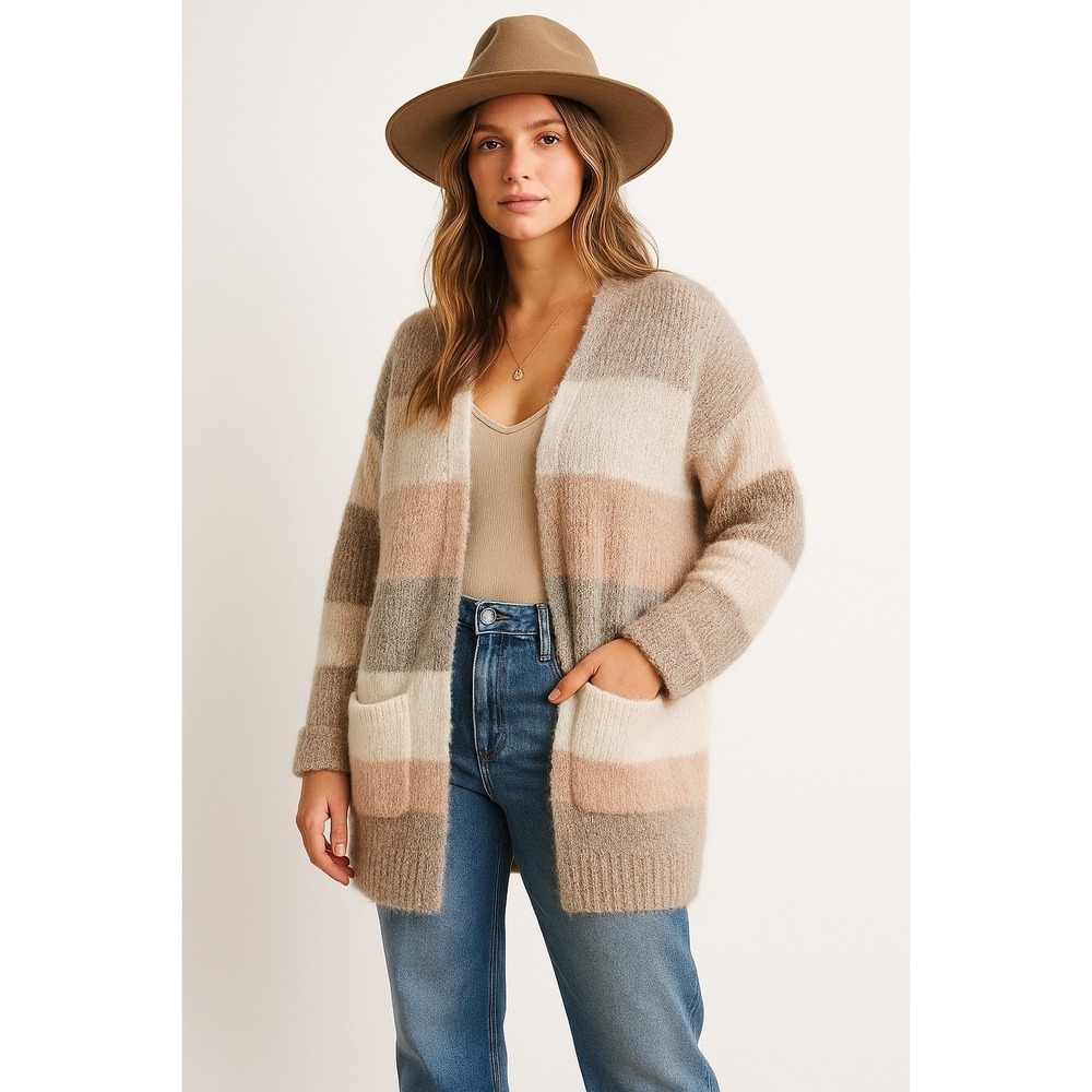 HYFVE Cozy Striped Open Front Cardigan Long Sleeve Soft‎ Fuzzy Pockets Large